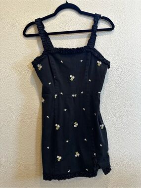 Urban Outfitters Black Mini Dress Ditsy White Yellow Floral Embroidery ruffles S